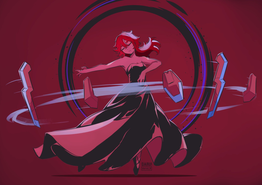 1girl artist_name ballet_slippers bare_arms bare_shoulders bit_(gundam) closed_eyes commentary dancing daru dress english_commentary gundam gundam_suisei_no_majo hair_between_eyes highres long_dress long_hair outstretched_arm parted_lips red_background red_hair red_theme solo strapless strapless_dress suletta_mercury thick_eyebrows