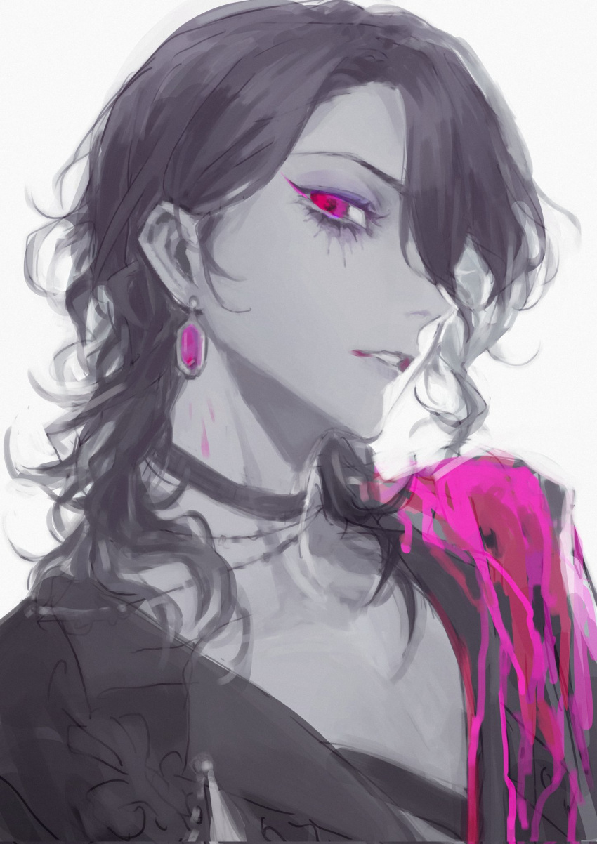 1boy black_choker black_hair black_shirt blood blood_on_clothes choker downinsea earrings ensemble_stars! eyeliner eyeshadow hair_over_one_eye highres jewelry long_eyelashes makeup male_focus medium_hair one_eye_covered parted_lips pectoral_cleavage pectorals pink_blood purple_eyeshadow red_eyes sakuma_rei_(ensemble_stars!) shirt solo teeth wavy_hair