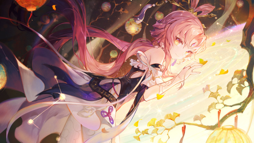 1girl bare_shoulders bow-shaped_hair bridal_gauntlets closed_mouth constellation constellation_print detached_sleeves dress forehead_jewel fu_xuan_(honkai:_star_rail) hair_ornament hair_rings hair_stick highres honkai:_star_rail honkai_(series) jewelry long_hair looking_at_viewer low_twintails miniskirt pantyhose parted_bangs pink_hair pink_tassel purple_rope rope skirt solo tassel tassel_hair_ornament twintails very_long_hair white_pantyhose white_skirt yellow_eyes yu-x