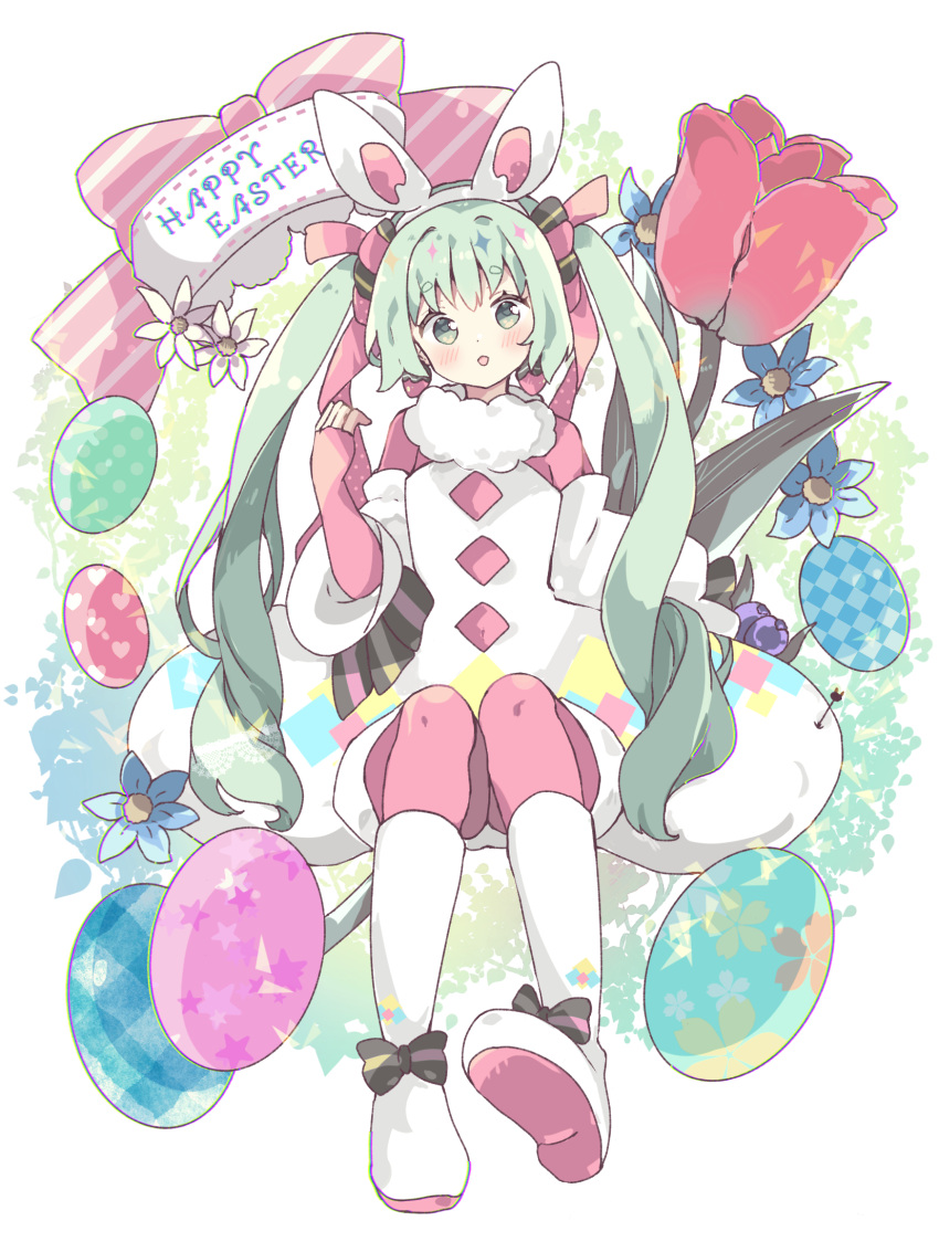 1girl :d animal_ears blue_flower blush boots bow commentary_request detached_sleeves dress easter_egg egg fake_animal_ears flower full_body green_eyes green_hair hairband happy_easter hatsune_miku head_tilt highres long_hair long_sleeves looking_at_viewer pantyhose pink_bow pink_pantyhose rabbit_ears red_flower shoe_soles smile solo striped striped_bow tsukiyo_(skymint) twintails very_long_hair vocaloid white_dress white_flower white_footwear white_hairband white_sleeves