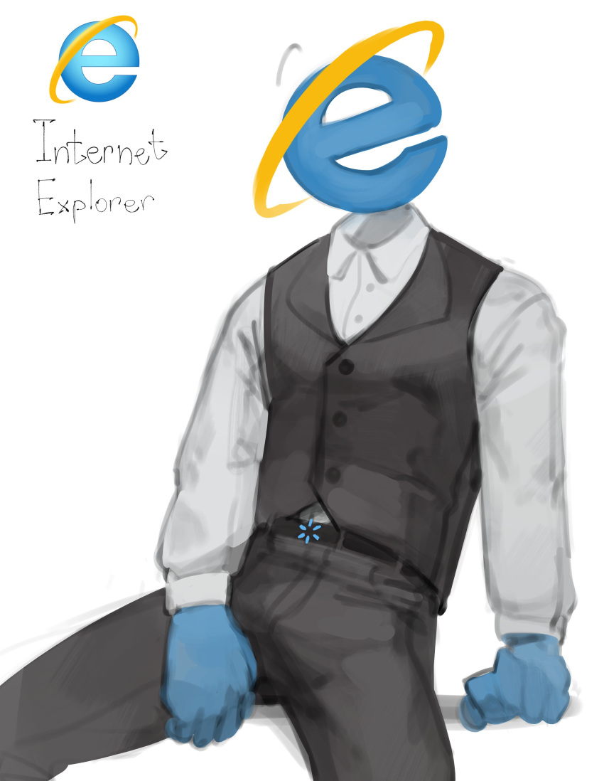 absurd_res belt blue_body blue_skin bottomwear clothed clothing for_a_head fully_clothed hi_res humanoid internet_explorer internet_explorer_(character) kogito living_logo male microsoft not_furry object_head pants shirt sitting solo text topwear vest