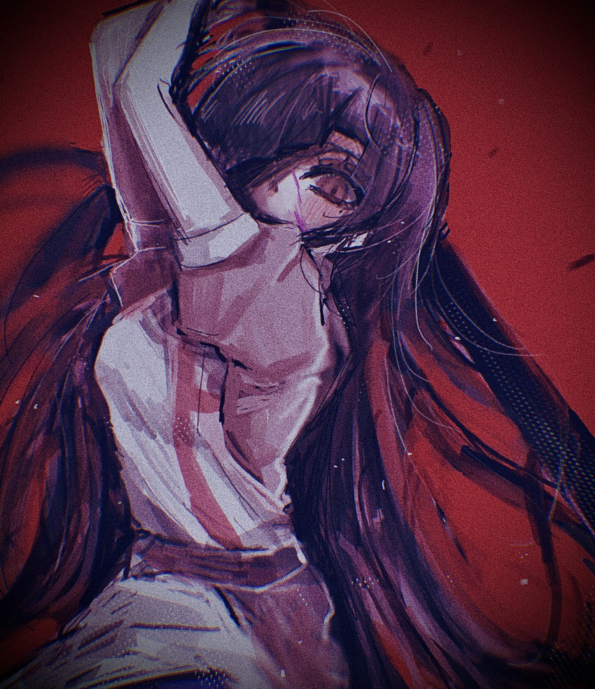 1girl apron arms_up belt black_hair blush breasts covered_mouth cowboy_shot danganronpa_(series) danganronpa_2:_goodbye_despair gradient_background grey_apron highres large_breasts long_hair looking_at_viewer messy_hair mole mole_under_eye naruse_(nal1525) pink_shirt pink_skirt puffy_short_sleeves puffy_sleeves red_background serious shirt short_sleeves skirt solo tsumiki_mikan