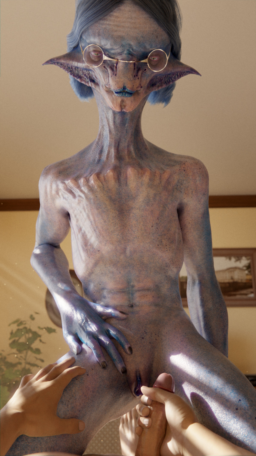 3d_(artwork) 5_fingers 9:16 abs alien alien_anatomy alien_humanoid bedroom bedroom_eyes blue_body blue_eyes blue_hair blue_lips blue_pussy blue_skin bril_(thinecrawler) building dark_fingernails digital_media_(artwork) duo dust_particles eyewear female female_on_top fingers first_person_view flat_chested genitals glasses hair hand_on_leg hand_on_partner's_leg hand_on_partner's_thigh hand_on_penis hand_on_thigh hi_res home house human human_on_alien human_on_humanoid humanoid humanoid_genitalia humanoid_penis inside interspecies kneeling light light_beam lips long_neck looking_at_viewer lying male male/female mammal masturbating_to_other masturbation medium_hair narrowed_eyes navel not_furry on_back on_top penile penile_masturbation penis plant plant_pot potted_plant props purple_body purple_skin pussy realistic realistic_penis_size romantic romantic_couple seductive sunbeam sunlight teratophilia thinecrawler unknown_species unusual_anatomy unusual_hands xenophilia yellow_wall