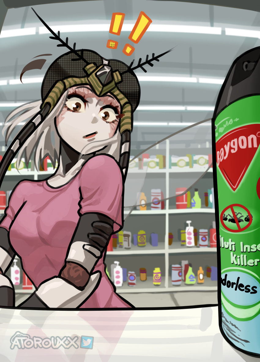 ! !! 1girl absurdres arthropod_girl artist_name atoroux breasts brown_eyes bug_spray closed_mouth colored_skin highres looking_ahead monster_girl mosquito_girl mosquito_musume one-punch_man red_shirt shirt short_sleeves solo white_skin