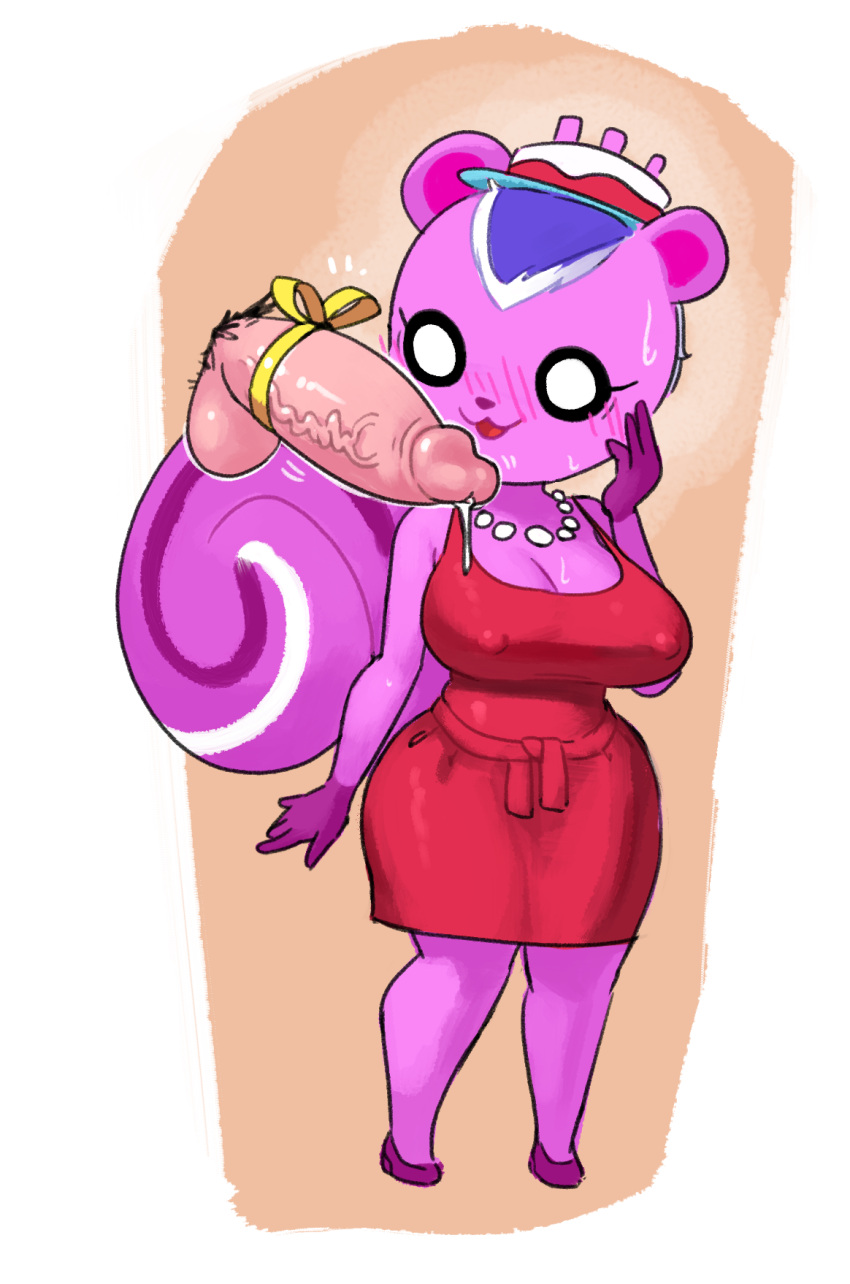 animal_crossing anthro big_breasts big_penis blush bodily_fluids breasts clothed clothing dark_sclera dress duo erect_nipples female fur genital_fluids genitals hi_res human male male/female mammal minus8 nintendo nipples peanut_(animal_crossing) penis pink_body pink_fur precum rodent sciurid smile solo squirrel_tail thick_thighs tree_squirrel