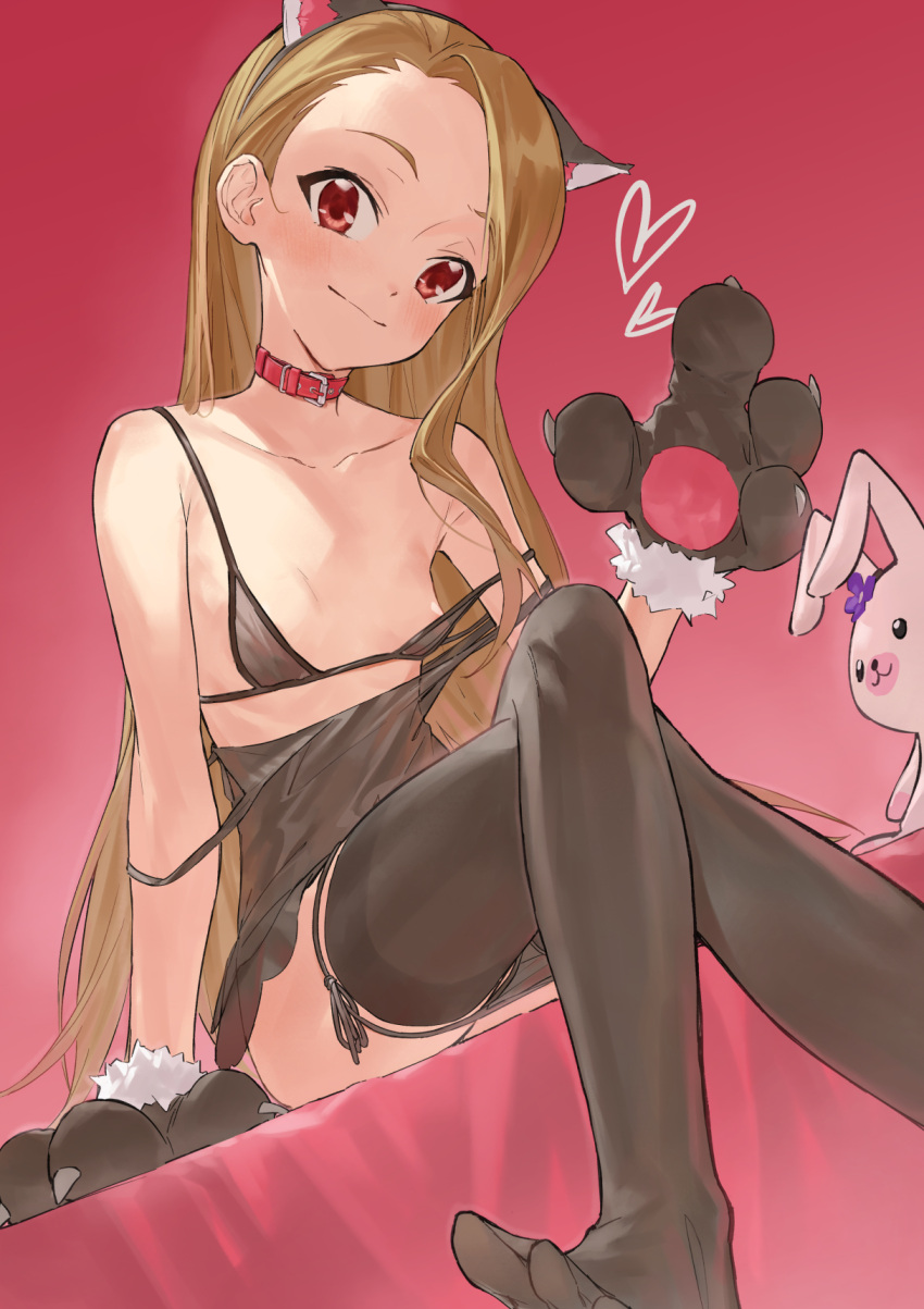 1girl animal_collar animal_ears animal_hands armpit_crease babydoll black_gloves black_nightgown black_panties black_thighhighs blush breasts brown_hair cat_ear_hairband collar collarbone commentary crossed_legs fake_animal_ears feet_out_of_frame flower forehead fur-trimmed_gloves fur_trim gloves heart highres idolmaster idolmaster_million_live! lingerie long_hair looking_at_viewer minase_iori nightgown panties panty_pull partially_undressed paw_gloves perorin purple_flower rabbit red_background red_collar red_eyes see-through_bra simple_background sitting small_breasts smile solo string_panties stuffed_animal stuffed_rabbit stuffed_toy thighhighs underwear