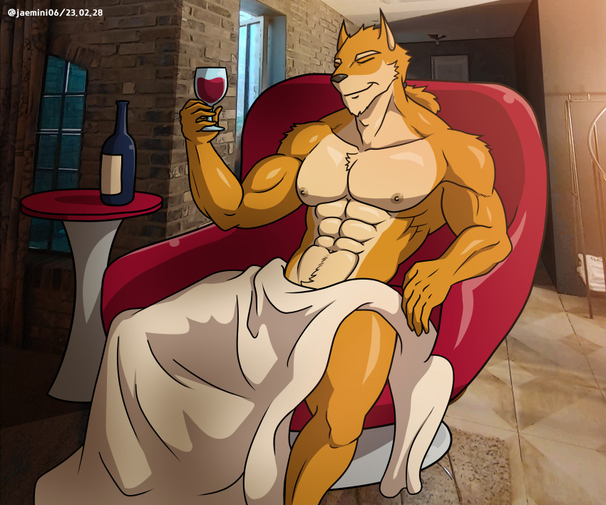 abs absurd_res alcohol alkan anthro armchair beverage big_pecs bottomwear chair clothed clothing container cup drinking_glass eyes_closed felid feline fur furniture glass glass_container glass_cup hi_res lynx male mammal multicolored_body muscular muscular_anthro muscular_male navel nipples orange_body orange_fur pecs solo topless topless_anthro topless_male towel towel_only two_tone_body wine wine_glass