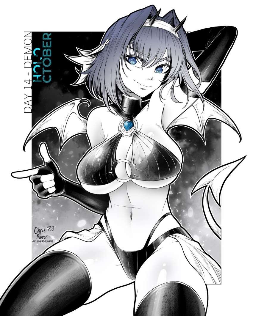 1girl 2023 @_@ blue_eyes blue_hair breasts cowboy_shot dated demon_girl demon_horns demon_tail demon_wings elbow_gloves fingerless_gloves gloves hair_intakes heart highres hololive hololive_english horns kluverdesigns large_breasts monochrome navel ouro_kronii skindentation solo spot_color tail thighhighs twitter_username virtual_youtuber watermark wings
