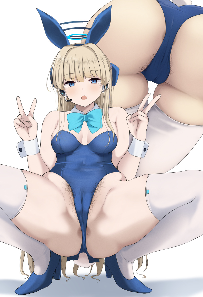1girl absurdres animal_ears anus anus_peek ass blonde_hair blue_archive blue_eyes blue_leotard bow bowtie breasts commentary_request detached_collar double_v excessive_pubic_hair fake_animal_ears fake_tail female_pubic_hair groin halo high_heels highleg highleg_leotard highres leotard long_hair looking_at_viewer medium_breasts multiple_views official_alternate_costume open_mouth playboy_bunny pubic_hair pubic_hair_peek rabbit_ears rabbit_tail skindentation spread_legs squatting strapless strapless_leotard tail thighhighs thighs toki_(blue_archive) toki_(bunny)_(blue_archive) v very_long_hair white_thighhighs winter_(winterinkoakuma) wrist_cuffs