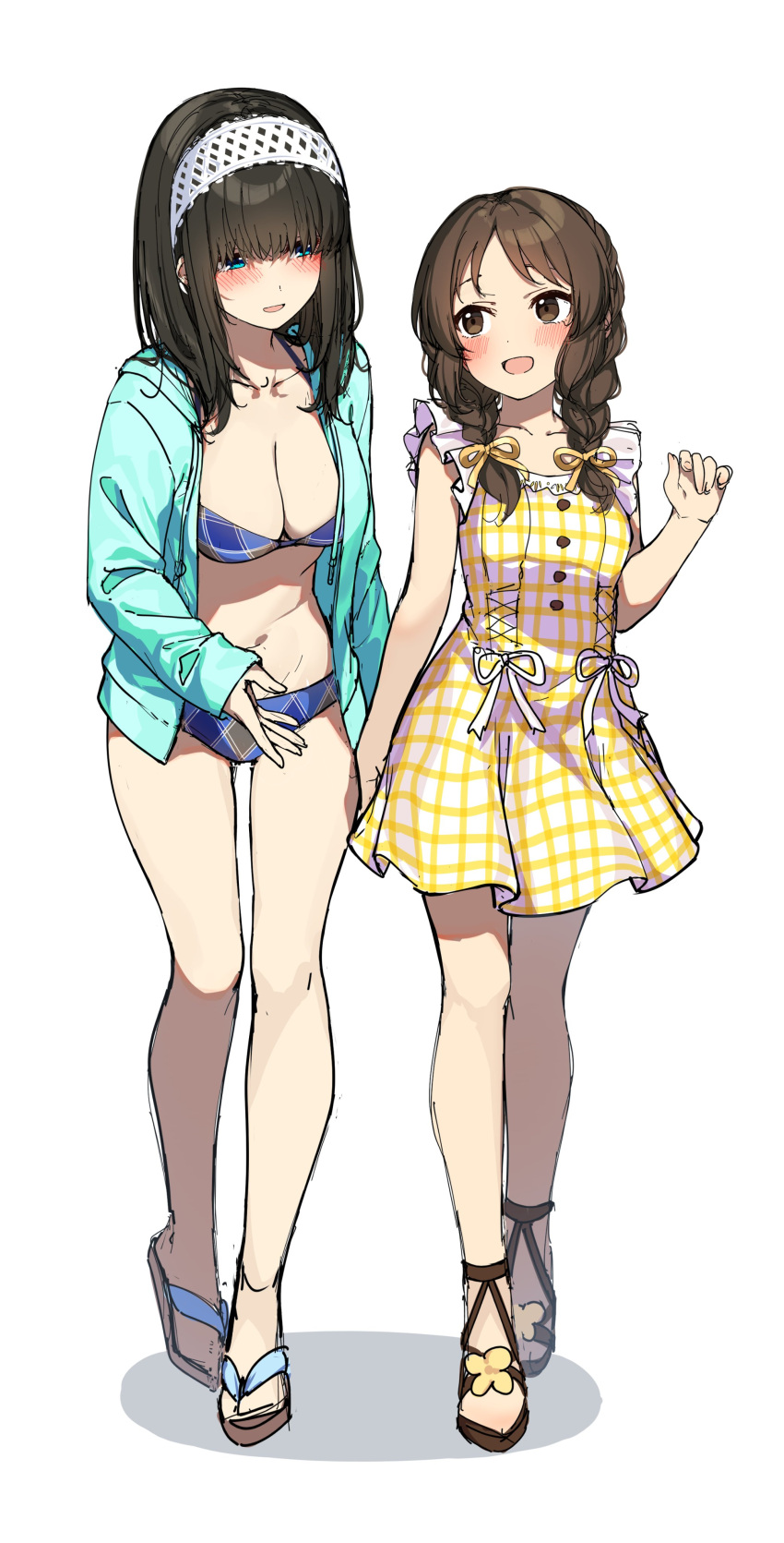 2girls absurdres aqua_jacket bikini blue_bikini blush braid breasts brown_hair cleavage collarbone dress full_body go-1 hair_over_eyes highres idolmaster idolmaster_cinderella_girls jacket large_breasts looking_at_another multiple_girls navel plaid plaid_dress sagisawa_fumika simple_background small_breasts smile straight_hair swimsuit tachibana_arisu twin_braids white_background