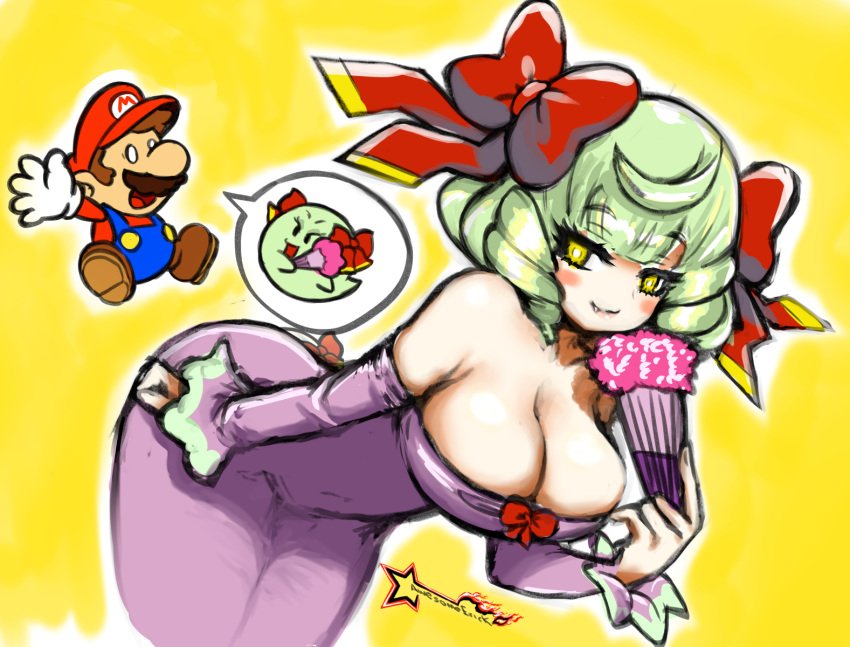 1boy 1girl awesomeerix bare_shoulders blue_overalls blush bow bow_(paper_mario) breasts brown_hair cleavage closed_mouth dress facial_hair fang feather_fan ghost gloves hair_bow hand_fan hat highres humanization large_breasts leaning_forward light_green_hair long_sleeves mario mario_(series) mustache off-shoulder_dress off_shoulder open_mouth overalls paper_mario paper_mario:_the_thousand_year_door purple_dress red_headwear short_hair smile speech_bubble surprised white_gloves yellow_eyes