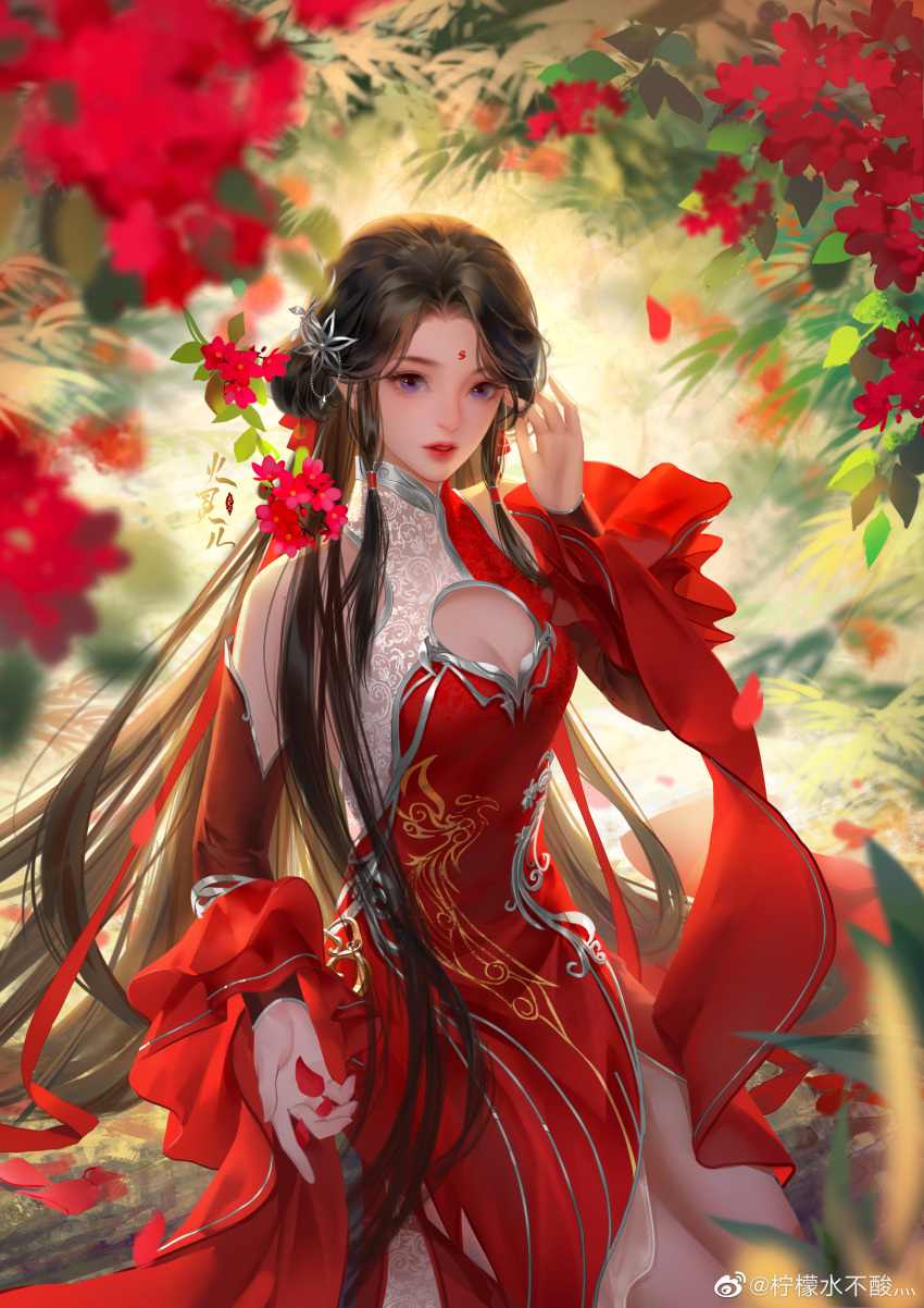 1girl absurdres backlighting blue_eyes brown_hair chest_cutout detached_sleeves dress facial_mark falling_petals flower forehead_mark hair_ornament hair_rings hand_in_own_hair highres holding holding_petal huo_linger_(wanmei_shijie) long_hair looking_at_viewer niannian_nuli_zhong parted_lips petals red_dress red_flower second-party_source solo teeth two-tone_dress upper_body wanmei_shijie