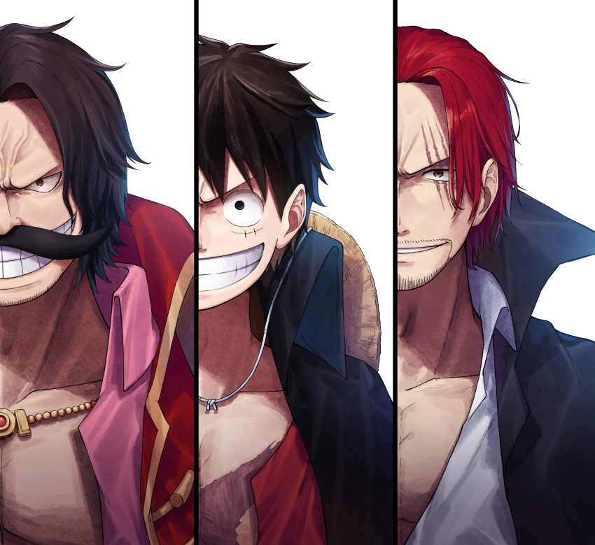 3boys bashauma_(bashaumaop) black_eyes black_hair black_jacket brown_eyes collarbone collared_jacket collared_shirt commentary_request facial_hair gol_d._roger grin hat highres jacket jewelry looking_at_viewer male_focus monkey_d._luffy multiple_boys mustache necklace one_piece open_clothes open_jacket open_shirt parted_bangs pink_shirt red_eyes red_hair scar scar_across_eye scar_on_cheek scar_on_face shanks_(one_piece) shirt short_hair simple_background smile straw_hat stubble teeth v-shaped_eyebrows veins white_background white_shirt wing_collar