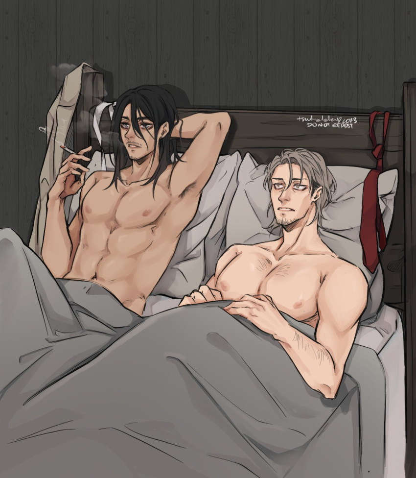 2boys abs afterglow blank_stare brown_hair cigarette couple eren_yeager highres holding holding_cigarette i_love_when_people_draw_ships_like_this_actually_(meme) jean_kirchstein large_pectorals long_hair looking_ahead male_focus meme multiple_boys navel nipples on_bed pectorals sanpaku shingeki_no_kyojin short_hair smoking thick_eyebrows toned toned_male topless_male tsutokki under_covers yaoi