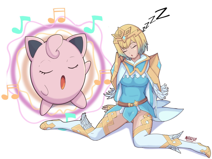 1girl 1other blonde_hair blue_hair boots caprednahu closed_eyes commission fire_emblem fire_emblem_heroes fjorm_(fire_emblem) highres jigglypuff multicolored_hair music musical_note pokemon singing thigh_boots tiara two-tone_hair zzz