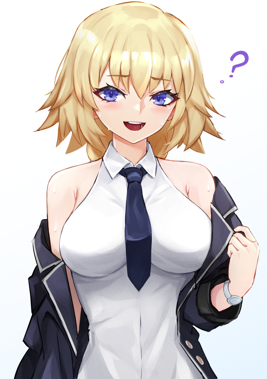 1girl ? bare_shoulders black_jacket blonde_hair blue_eyes blush braid braided_ponytail breasts fate/apocrypha fate_(series) highres jacket jeanne_d'arc_(fate) jeanne_d'arc_(girl_from_orleans)_(fate) jeanne_d'arc_(ruler)_(fate) large_breasts long_hair long_sleeves looking_at_viewer necktie off_shoulder open_clothes open_jacket open_mouth shirt sleeveless sleeveless_shirt smile solo umeo_(pixiv51103813) watch white_shirt wristwatch