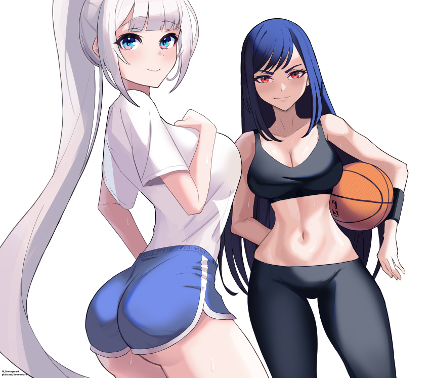 2girls absurdres ass bare_shoulders basketball black_bra black_pants blue_eyes blue_hair blunt_bangs bra breast_suppress breasts cleavage closed_mouth collarbone contrapposto cowboy_shot dolphin_shorts from_behind highres honeymark large_breasts linea_alba long_hair looking_at_viewer looking_back lowleg lowleg_pants midriff multiple_girls narrow_waist navel original pants ponytail red_eyes see-through_silhouette shirt short_shorts short_sleeves shorts sidelocks simple_background smile sports_bra sportswear swept_bangs tented_shirt tight tight_pants underwear very_long_hair white_background white_hair white_shirt wristband