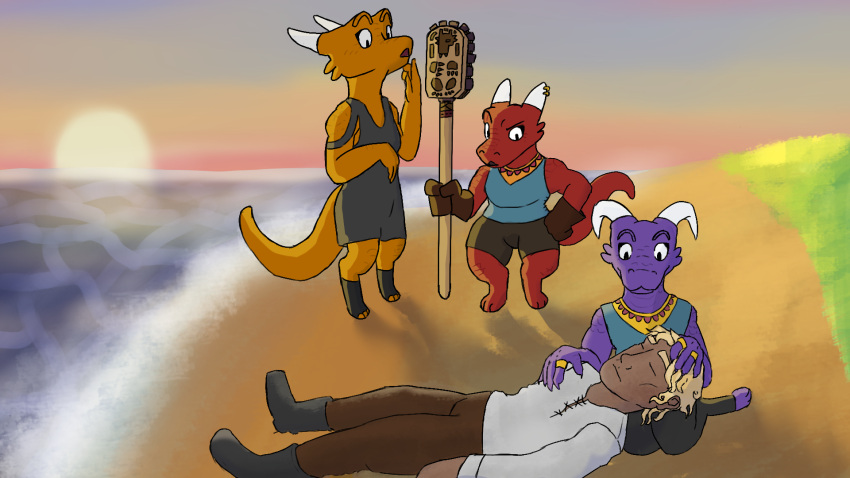 2023 anthro bottomwear clothed clothing digital_media_(artwork) dress female frown gloves group handwear hi_res horn human humanoid jewelry kneeling kobold looking_at_another male mammal melee_weapon outside polearm purple_body purple_scales red_body red_scales samdellsmith scales scalie scowl shaded shorts sleveless_shirt smile standing sunset surprised_expression unconscious weapon yellow_body yellow_scales