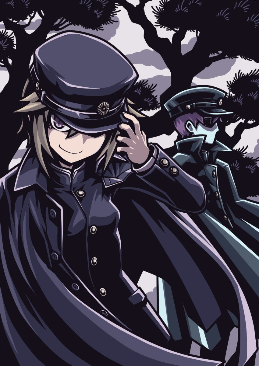 1boy 1girl amane_yumefg216 black_coat black_headwear black_jacket blonde_hair blue_skin buttons cloud coat coat_on_shoulders colored_skin cowboy faceless faceless_male facing_to_the_side flipped_hair gakuran-kun grey_sky hair_between_eyes hand_on_headwear hand_up hat head_tilt high_collar high_contrast highres jacket limited_palette long_sleeves medium_hair military military_uniform no_mouth one_eye_covered open_clothes open_coat outdoors peaked_cap pocket purple_hair school_uniform shaded_face short_hair sky standing tree uniform urotsuki wind yume_2kki