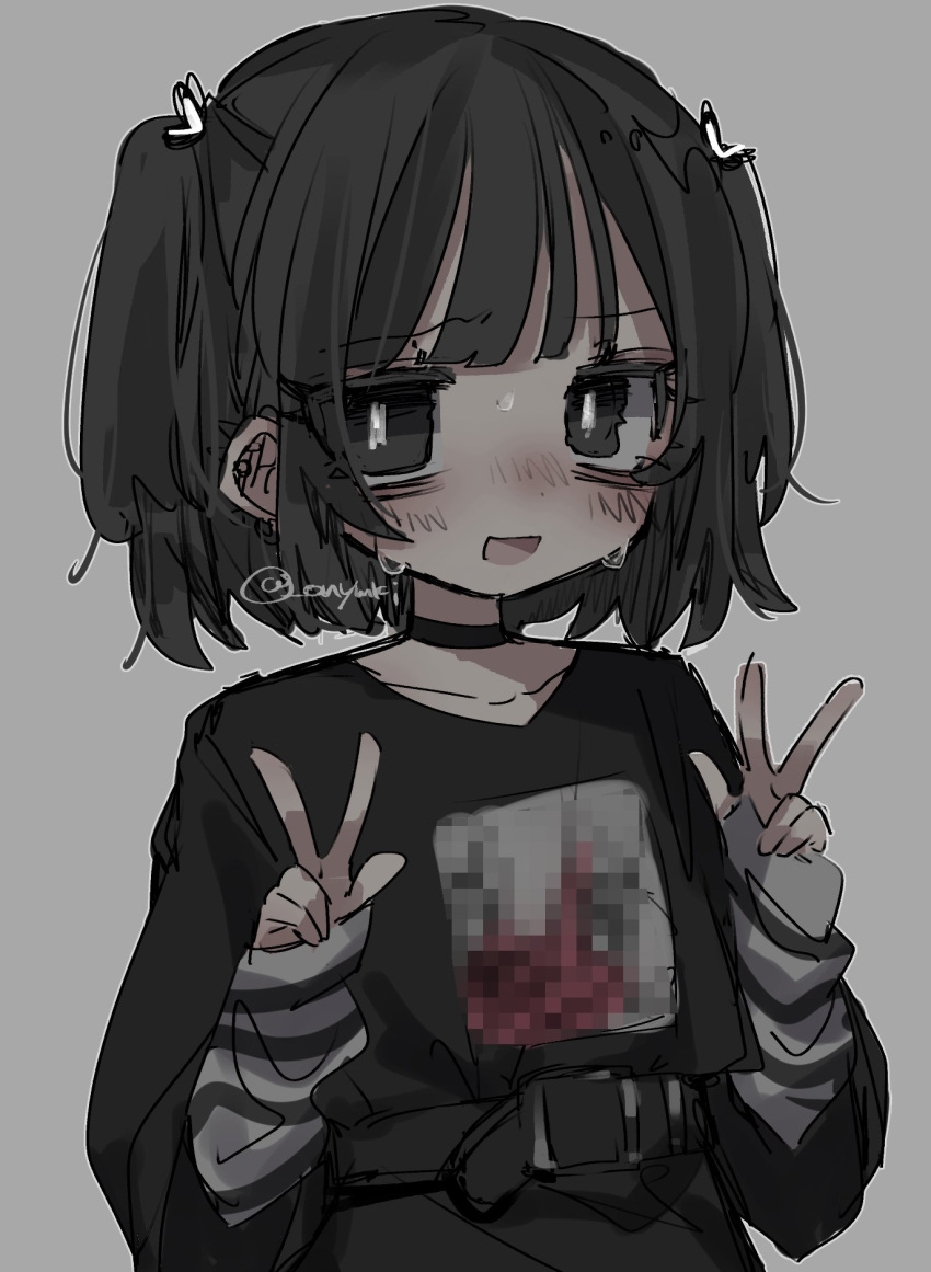 1girl bags_under_eyes belt black_belt black_choker black_eyes black_hair black_shirt blush bright_pupils censored choker collarbone double_w furrowed_brow grey_background hair_ribbon hands_up highres layered_sleeves long_sleeves looking_at_viewer medium_hair mosaic_censoring nervous_smile oniyamakei open_mouth original print_shirt ribbon shirt short_over_long_sleeves short_sleeves simple_background smile solo striped_sleeves sweat twitter_username two_side_up upper_body w white_pupils