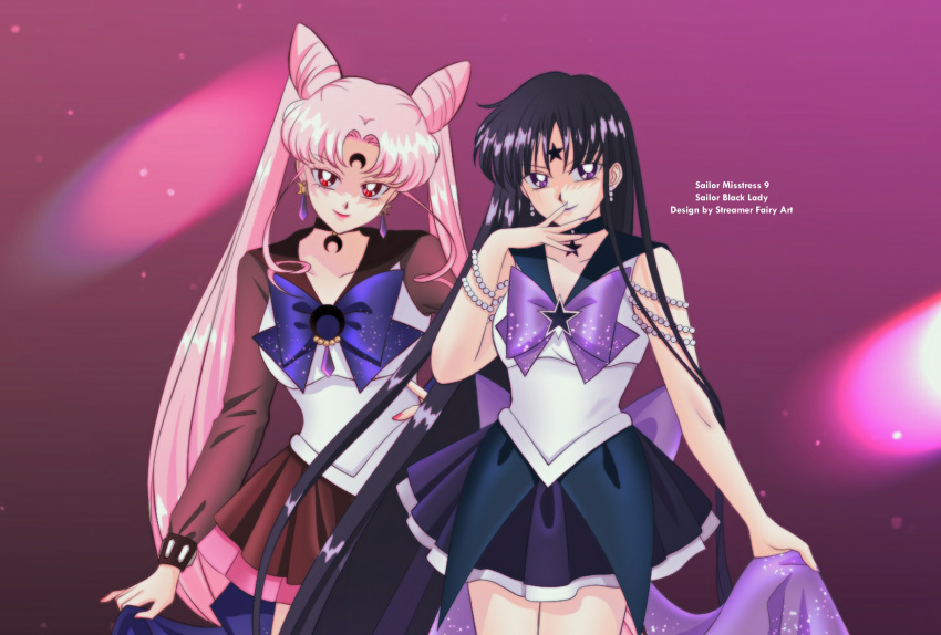 adapted_costume aged_up bishoujo_senshi_sailor_moon black_hair black_lady black_sailor_collar breasts chibi_usa choker cone_hair_bun crescent crescent_facial_mark crystal_earrings dark_persona double_bun earrings facial_mark forehead_mark hair_bun highres jewelry koya lipstick long_hair looking_at_viewer makeup mistress_9 pink_hair pink_sailor_collar purple_lips sailor_chibi_moon sailor_collar sailor_saturn sailor_senshi_uniform smile star_(symbol) star_choker star_facial_mark tomoe_hotaru very_long_hair