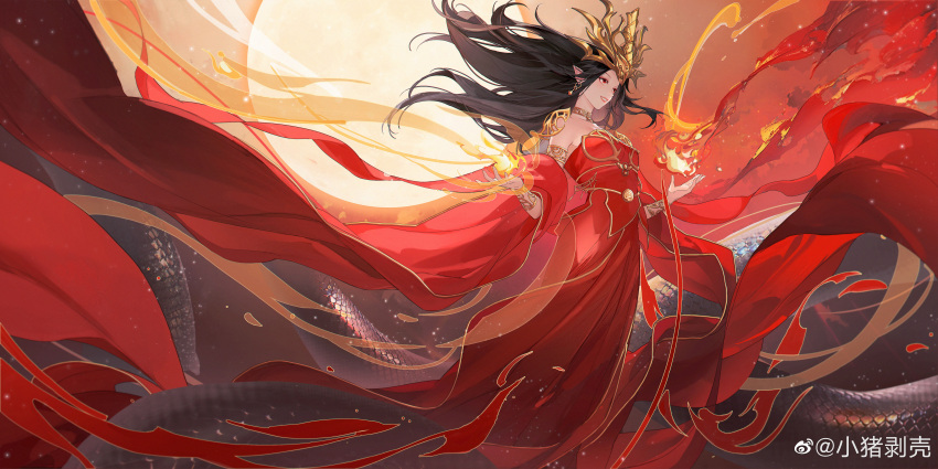 1girl absurdres al_(ahr) bare_shoulders black_hair cai_lin_(doupo_cangqiong) detached_sleeves doupo_cangqiong earrings floating floating_hair full_body highres jewelry lamia long_sleeves monster_girl open_mouth pointy_ears red_eyes smile snake_tail solo sun tail teeth tiara