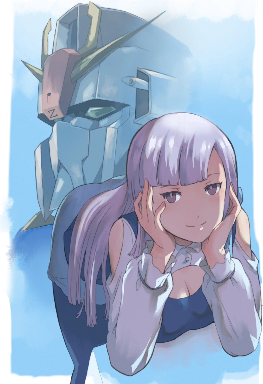 1girl absurdres arm_rest bare_shoulders blue_background blush border breast_press breast_rest breasts breasts_on_table brown_eyes cleavage clothing_cutout dress gun gundam gundam_zz hand_on_own_chin hand_on_own_face head_rest highres k_katora long_hair long_sleeves looking_at_viewer machine_gun mecha medium_breasts mobile_suit pantyhose purple_hair robot roux_louka shoulder_cutout smile solo table v-fin weapon white_border zeta_gundam_(mobile_suit)