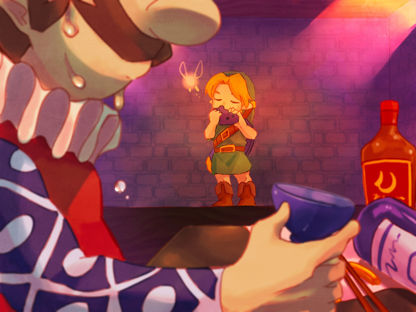 2boys alcohol bar_(place) belt blonde_hair boots bottle brick_wall brown_belt brown_footwear chopsticks closed_eyes cup facial_hair fairy green_headwear green_tunic head_out_of_frame highres holding holding_cup holding_instrument ingo instrument link long_sleeves male_focus multiple_boys music mustache napkin nasagina ocarina playing_instrument pointy_ears sakazuki shield shield_on_back tatl teardrop the_legend_of_zelda the_legend_of_zelda:_majora's_mask young_link