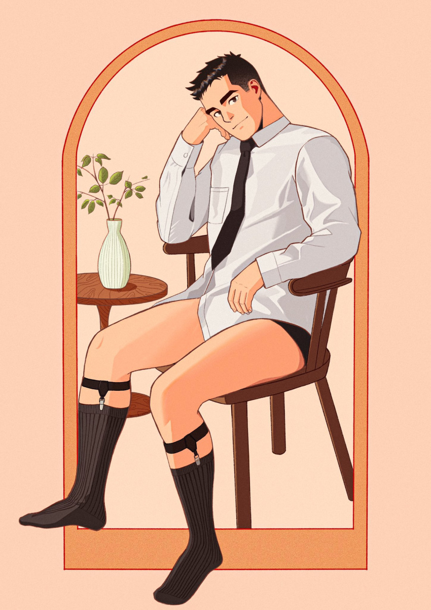 1boy bara black_eyes black_garter_straps black_hair black_male_underwear black_necktie black_socks chair full_body garter_straps hand_on_own_face highres imramillust kneehighs looking_at_viewer male_focus male_underwear necktie no_pants original round_table shirt short_hair simple_background sitting smile socks solo table thick_eyebrows underwear vase white_shirt wooden_chair wooden_table