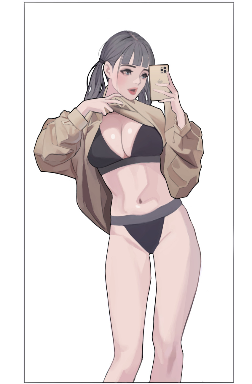 1girl absurdres blunt_bangs breasts brown_shirt cleavage clothes_lift grey_hair highres holding holding_phone lifted_by_self lipstick long_hair long_legs long_sleeves makeup navel open_mouth original phone selfie shirt shirt_lift simple_background solo standing tteogya white_background