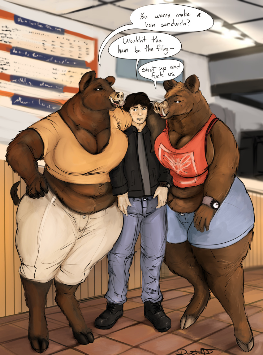 anthro arm_around_shoulders belly big_breasts breast_squish breasts cleavage clothed clothing doctordj female fully_clothed group hi_res human inviting male male/female mammal overweight overweight_anthro overweight_female side_boob squish suid suina sus_(pig) thick_thighs tight_clothing trio tusks wide_hips wild_boar