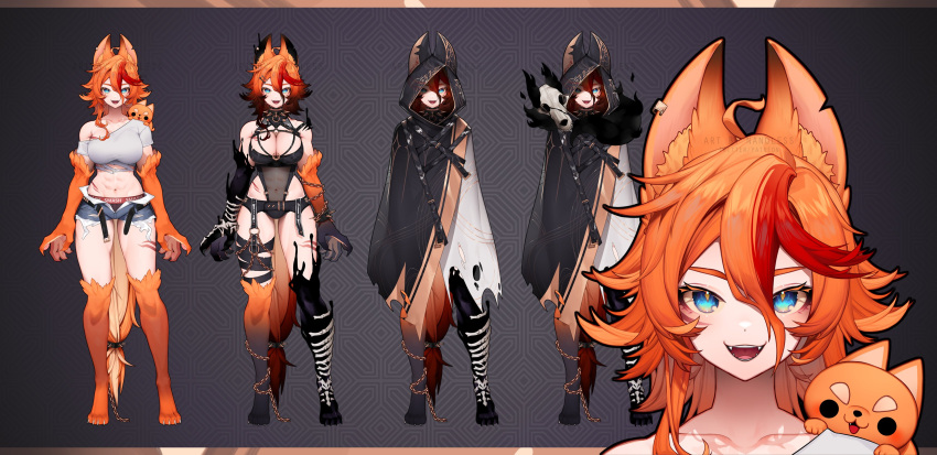 1girl abs absurdres ahoge animal_ears blue_eyes breasts buffpup_(vtuber) commentary denim denim_shorts english_commentary fangs full_body hair_between_eyes highres large_breasts leotard looking_at_viewer multiple_views nanoless navel open_mouth orange_hair short_shorts shorts standing tail teeth tongue vchiban virtual_youtuber wolf_ears wolf_girl wolf_tail
