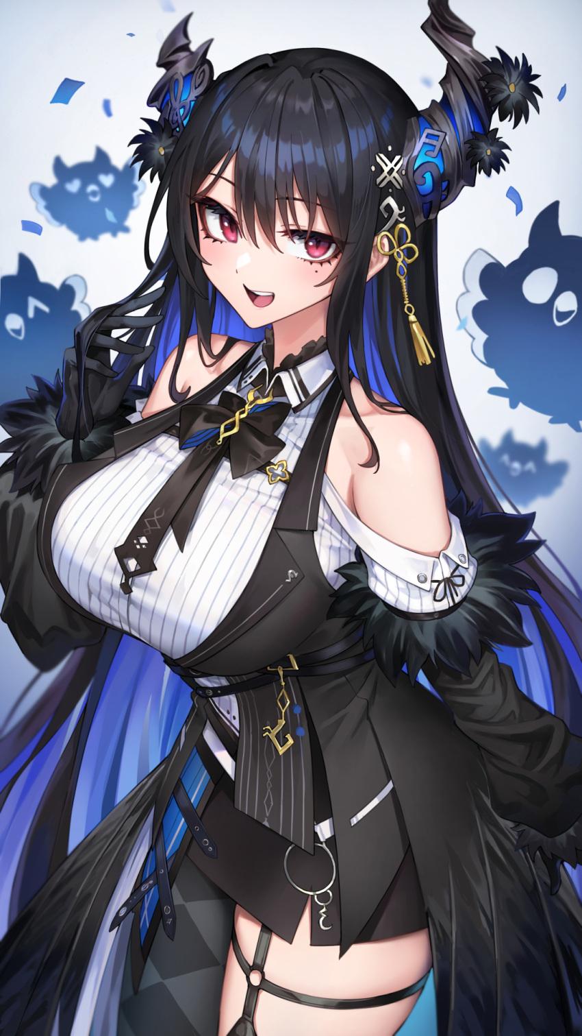 1girl :d argyle argyle_legwear asymmetrical_horns bare_shoulders black_gloves black_hair blue_hair breasts colored_inner_hair demon_horns gloves hair_ornament highres hololive hololive_english horns jailbird_(nerissa_ravencroft) large_breasts long_hair mole mole_under_eye multicolored_hair nerissa_ravencroft oopartz_yang open_mouth red_eyes revision single_leg_pantyhose smile solo tassel tassel_hair_ornament thigh_strap very_long_hair virtual_youtuber