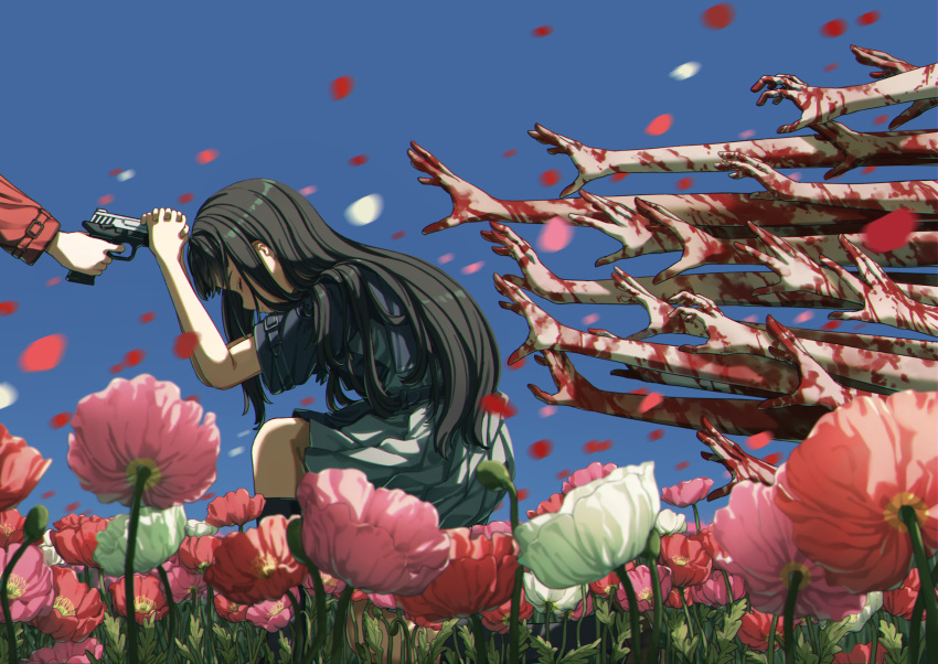 2girls at_gunpoint black_hair black_socks blood blood_on_hands blue_dress blue_sky blurry blurry_foreground brown_footwear closed_eyes closed_mouth commentary_request dress flower flower_request gun hand_on_own_hip highres holding holding_gun holding_weapon inoue_takina kneehighs kneeling long_hair long_sleeves lycoris_recoil lycoris_uniform mochi_(m0chi0000) motion_blur multiple_girls nishikigi_chisato outdoors petals pleated_dress short_sleeves sidelocks sky socks too_many_hands two-tone_dress weapon