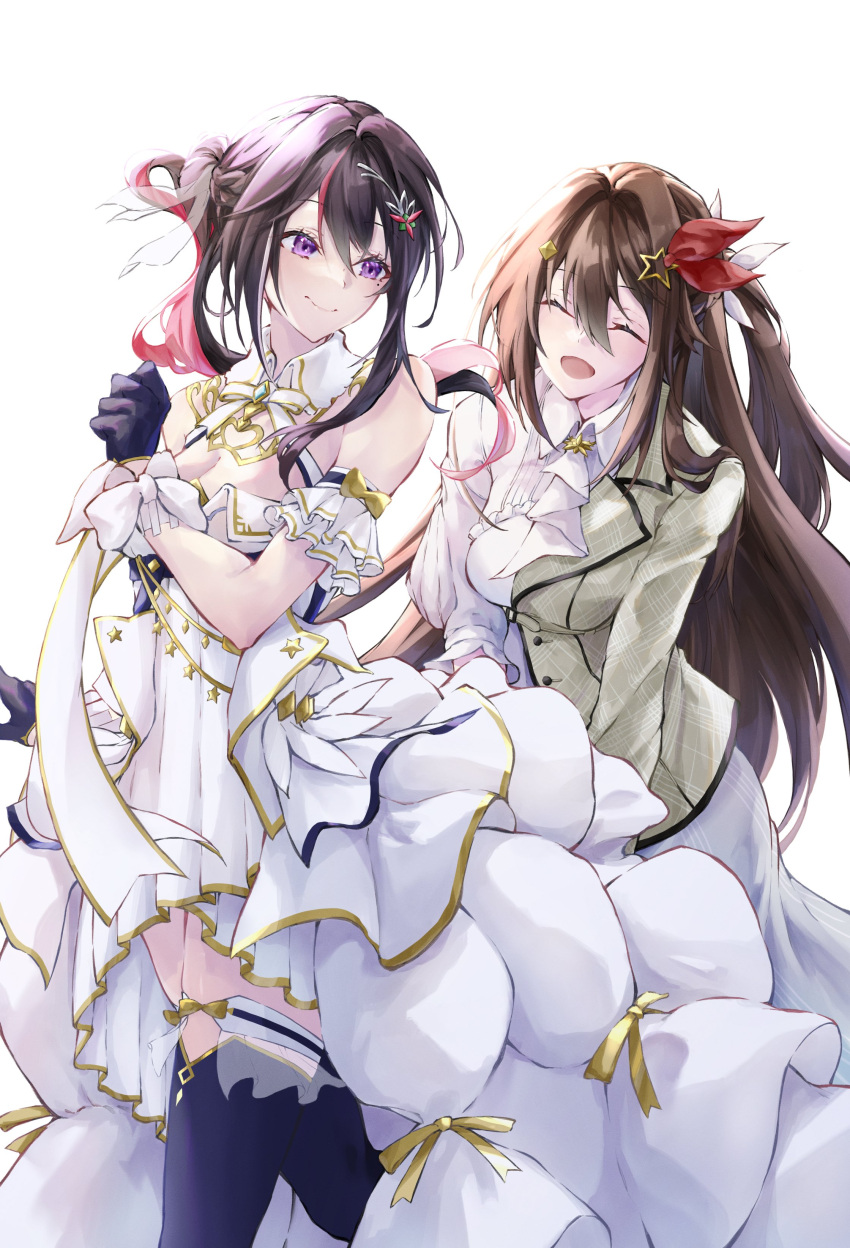 2girls absurdres arm_garter asahi_tsujino ascot azki_(4th_costume)_(hololive) azki_(hololive) bare_shoulders black_hair blue_gloves blue_thighhighs brown_hair brown_jacket closed_eyes closed_mouth collared_dress cosplay costume_switch diamond_hair_ornament dress facing_another flower frilled_thighhighs frills gloves grey_dress hair_flower hair_ornament hair_ribbon hairclip half_gloves halter_dress halterneck high-low_skirt highres hololive jacket long_hair looking_at_another mole mole_under_eye multiple_girls official_alternate_costume open_mouth overskirt pleated_dress purple_eyes red_ribbon ribbon short_dress simple_background skirt smile star_(symbol) star_hair_ornament striped striped_dress thighhighs tokino_sora tokino_sora_(4th_costume) vertical-striped_dress vertical_stripes virtual_youtuber waist_cape white_ascot white_background white_dress white_skirt wrist_ribbon