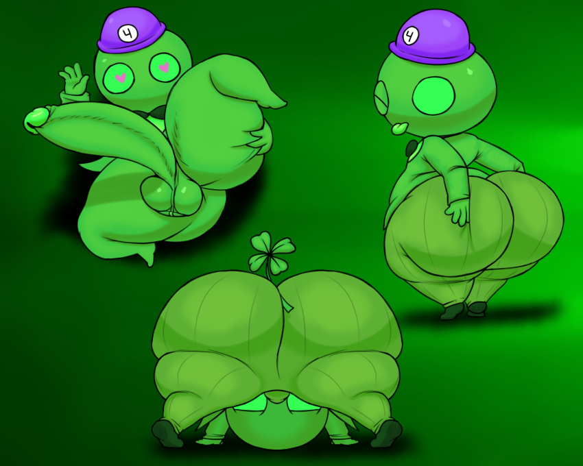 &lt;3 &lt;3_eyes 2023 alien alien_humanoid all_fours axoarts balls bedroom_eyes big_balls big_butt big_penis bottomless bottomwear bow_tie bulge butt circlehead clothed clothing clover clover_(homestuck) digital_media_(artwork) footwear four_leaf_clover genitals green_background green_body green_bottomwear green_bow_tie green_clothing green_eyes green_footwear green_pants green_sclera green_shoes green_suit green_topwear hand_on_butt hat headgear headwear hi_res homestuck huge_butt huge_penis humanoid leprechaun_(homestuck) looking_at_viewer looking_back lying male ms_paint_adventures narrowed_eyes object_between_cheeks on_back one_eye_closed pants partially_clothed penis pink_eyes purple_clothing purple_hat purple_headwear seductive shoes simple_background solo standing suit teapot_(body_type) thick_thighs tongue tongue_out topwear webcomic wink
