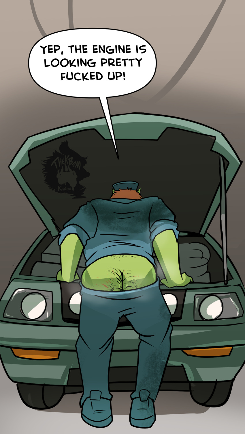 absurd_res accidental_exposure anthro bottomwear bottomwear_down car clothed clothing dialogue english_text hairy_ass hi_res humanoid male male_anthro mechanic musk musk_clouds orc pants pants_down partially_clothed profanity simple_background solo text thekinkybear vehicle