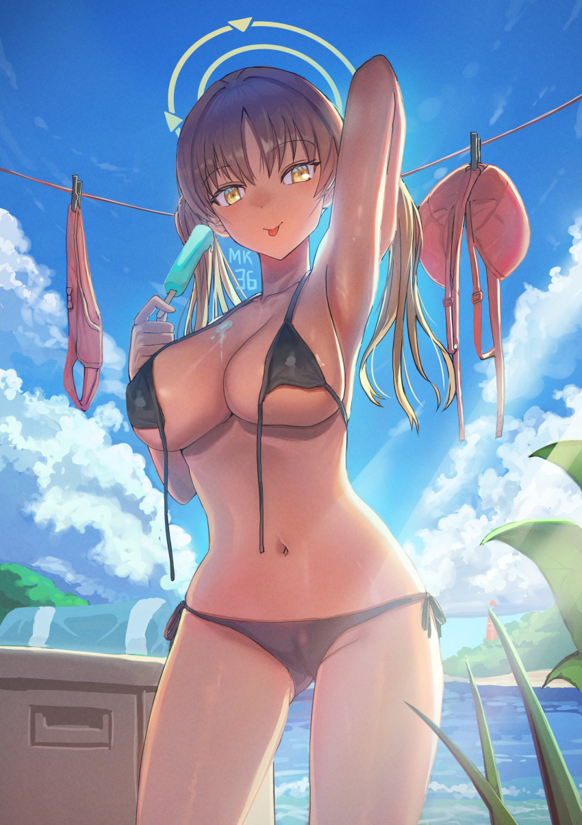 1girl :p absurdres arm_up armpits bare_shoulders bikini black_bikini blue_archive blue_sky blush bra bra_removed breasts clothes_hanger cloud cloudy_sky collarbone cowboy_shot day food groin hair_between_eyes halo highres holding holding_food holding_popsicle large_breasts long_hair looking_at_viewer melting micro_bikini moe_(blue_archive) moe_(swimsuit)_(blue_archive) navel outdoors panties panties_removed popsicle sky smile solo soramiruku standing stomach string_bikini swimsuit thighs tongue tongue_out underwear untied_bikini yellow_eyes