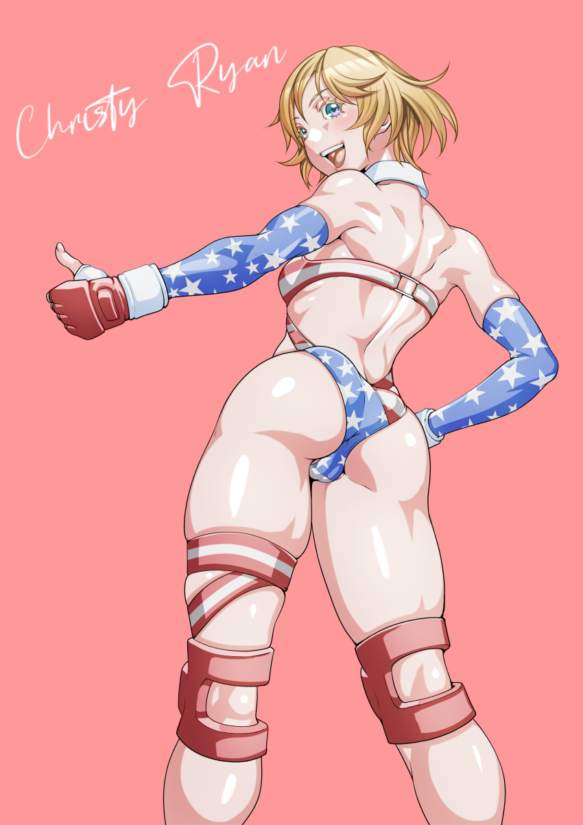 absurdres american_flag_bikini ass bikini blonde_hair breasts cameltoe character_request daikokuya_yenjaku elbow_gloves flag_print from_behind gloves highres knee_pads medium_breasts multicolored_eyes open_mouth original padded_gloves pink_background short_hair swimsuit thumbs_up