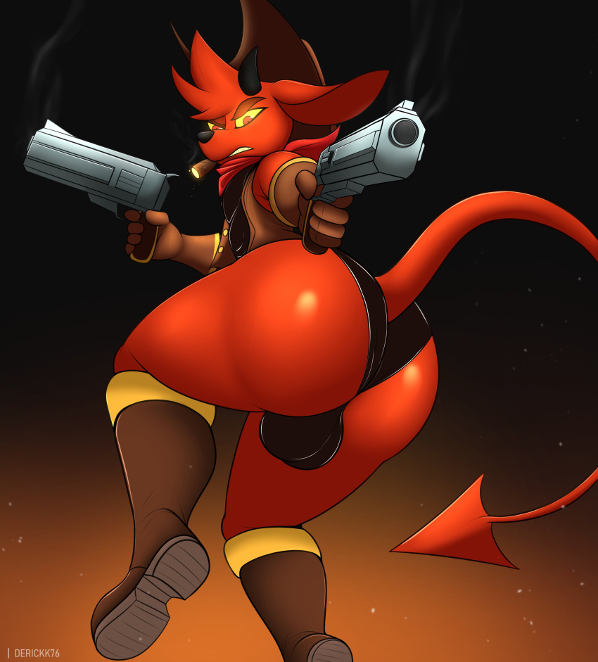 absurd_res aiming_at_viewer anthro backsack balls bandanna big_butt boots butt cigar clothing cowboy_boots cowboy_hat demon derickk76 footwear fur genitals gremile_'hotshot' gun handgun hat headgear headwear hi_res horn imp kerchief kings_of_hell leotard male pistol ranged_weapon red_body red_eyes red_fur smoking solo spade_tail tail weapon yellow_sclera