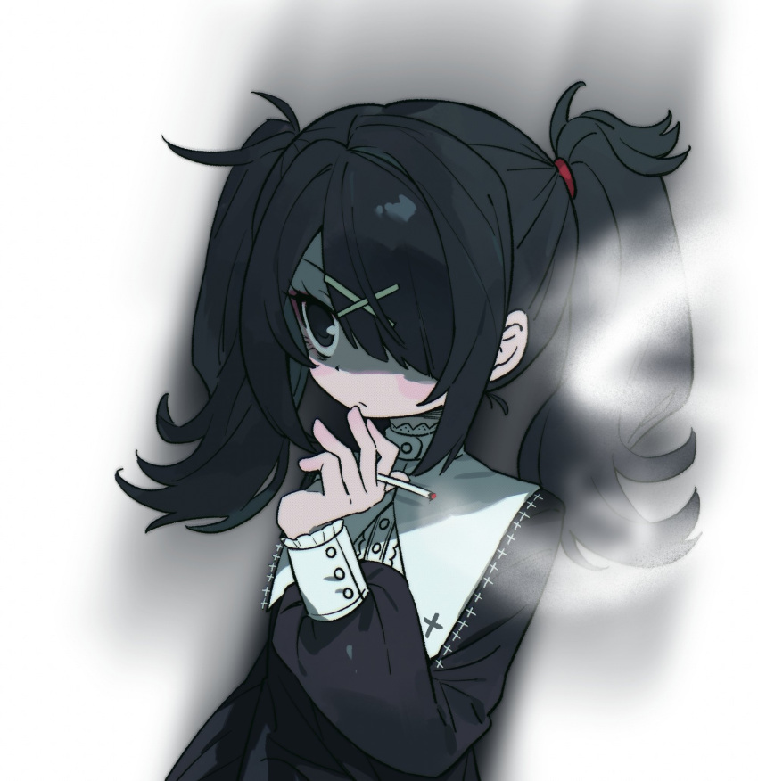 ame-chan_(needy_girl_overdose) asymmetrical_sidelocks black_eyes black_hair black_shirt cigarette closed_mouth collar cross dot_nose hair_ornament hair_over_one_eye highres holding holding_cigarette long_hair long_sleeves looking_ahead makeup mascara needy_girl_overdose puffy_sleeves shaded_face shadow shirt sidelocks simple_background sleeve_cuffs slwii2 smoke smoking twintails upper_body white_background white_collar x_hair_ornament