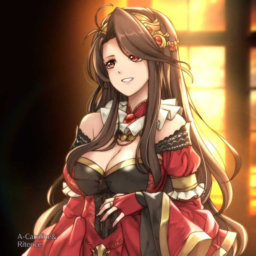 1girl breasts brown_hair circlet cleavage dress fingerless_gloves fire_emblem fire_emblem:_mystery_of_the_emblem fire_emblem_cipher gloves highres large_breasts long_hair official_alternate_costume red_dress red_eyes ritence sheena_(fire_emblem) smile solo sunlight very_long_hair window