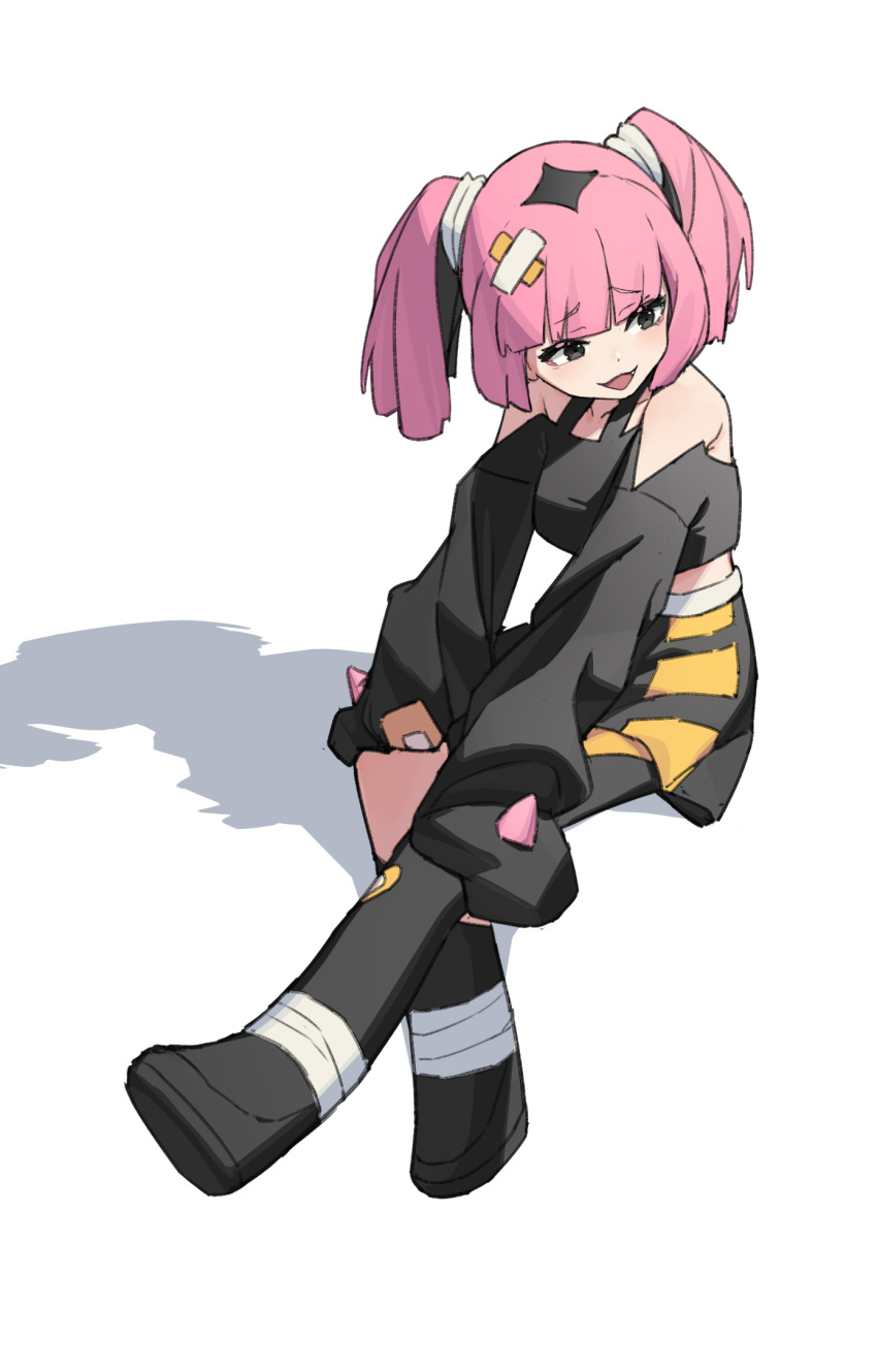 14mango 1girl :d bare_shoulders blunt_bangs commentary_request eyelashes full_body grey_eyes highres looking_to_the_side off_shoulder open_mouth pink_hair pokemon pokemon_(anime) pokemon_horizons sango_(pokemon) sitting skirt smile solo twintails white_background