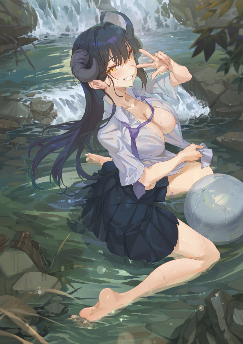 1girl absurdres ahoge ball barefoot beachball black_hair breasts demon_girl demon_horns dia_(hong) feet grin highres horns hxxg large_breasts legs long_hair looking_at_viewer nature necktie open_clothes open_shirt original pleated_skirt shallow_water shirt shoes shoes_removed sitting skirt slit_pupils smile soles solo toes wariza water waterfall wet wet_clothes white_shirt yellow_eyes