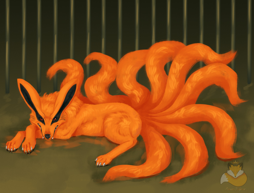 4_toes bars black_body black_fur black_inner_ear black_nose black_pawpads cage canid canine claws feet feral fox fox_spirit fur hair hi_res kurama looking_at_viewer lying male mammal multi_tail mythology naruto orange_body orange_fur pawpads prince-vulpine red_eyes reflection simple_background solo tail tailed_beast teeth toes water