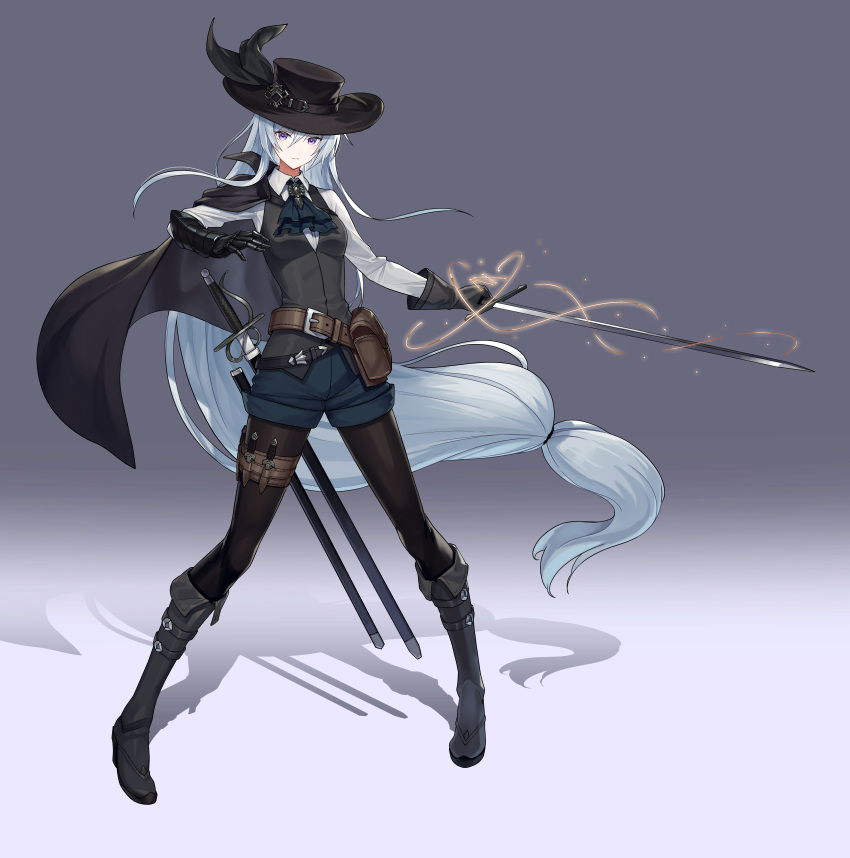 1girl absurdres ascot boots borrowed_character cape commentary_request commission expressionless full_body gradient_background hat hat_feather highres holding holding_sword holding_weapon long_hair looking_at_viewer mytea_(soso) original pantyhose_under_shorts pigeon-toed purple_eyes shadow sheath shorts skeb_commission solo standing sword thigh_strap unsheathed very_long_hair weapon white_hair