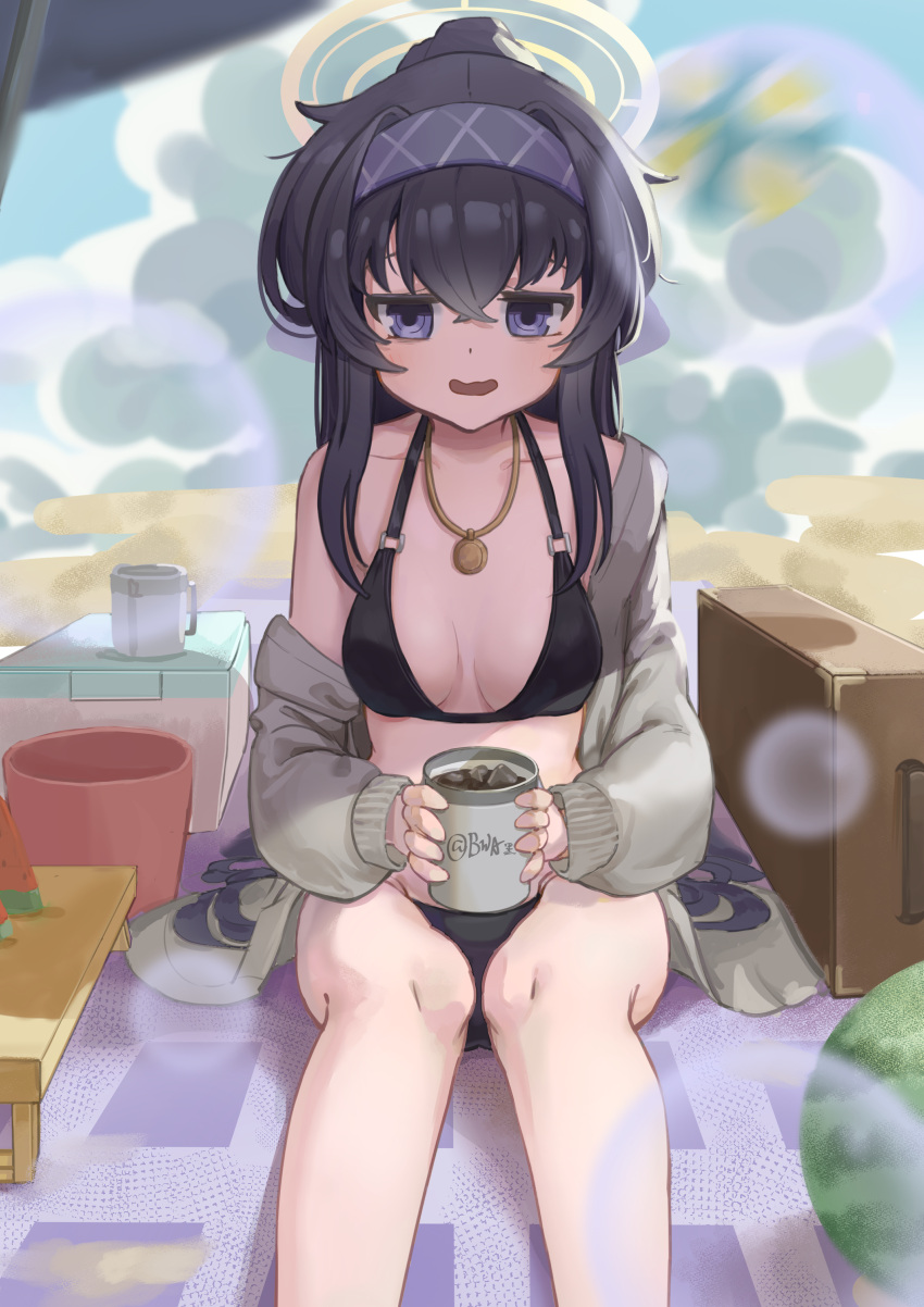1girl absurdres bags_under_eyes baw_hei beach_towel bikini black_bikini black_hair blue_archive blue_eyes blue_hairband blue_ribbon breasts bucket cardigan coffee_mug commentary_request cooler crossed_bangs cup feet_out_of_frame food fruit gold_necklace hair_between_eyes hair_ribbon hairband halo high_ponytail highres iced_coffee jewelry jitome knees_together_feet_apart long_hair medium_breasts mug necklace o-ring o-ring_bikini off_shoulder open_cardigan open_clothes open_mouth outdoors ribbon ringed_eyes sand sitting smile solo suitcase swimsuit towel ui_(blue_archive) very_long_hair watermelon wavy_mouth