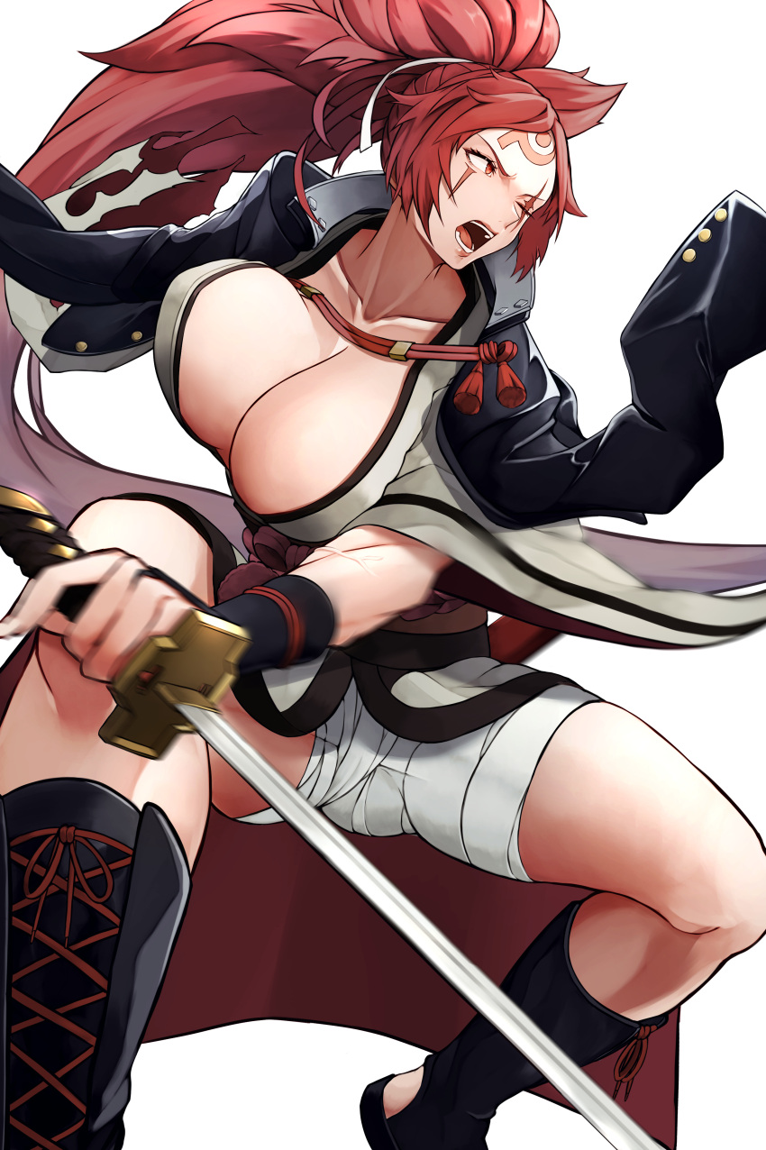 1girl absurdres amputee ass_visible_through_thighs baiken big_hair black_jacket black_kimono breasts cleavage eyepatch guilty_gear guilty_gear_strive highres holding holding_sword holding_weapon jacket jacket_on_shoulders japanese_clothes katana kimono large_breasts long_hair multicolored_clothes multicolored_kimono one-eyed open_clothes open_kimono pink_hair ponytail red_eyes samurai sandals scar scar_across_eye scar_on_face souma_(so_u_maaaaa) sword torn_sleeve weapon white_kimono