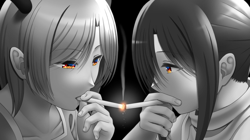 2girls black_lagoon cigarette cigarette_kiss highres kicchou_yachie kurokoma_saki multiple_girls red_eyes smoking tatsu_toyoyo touhou yuri