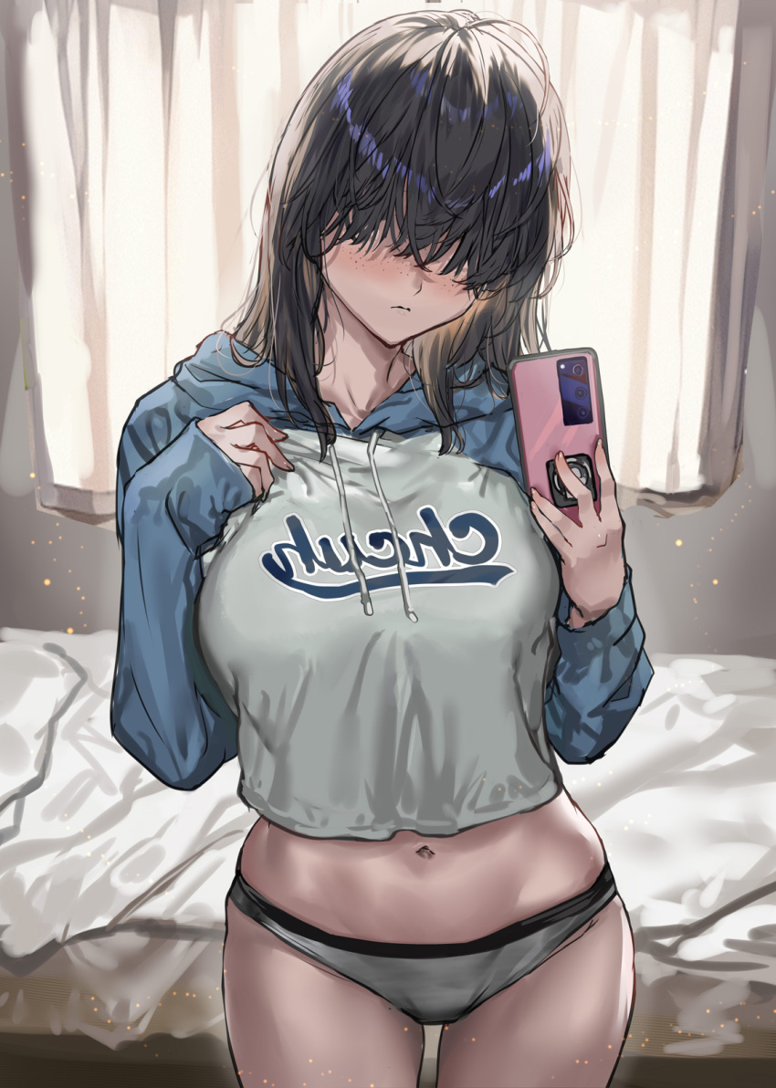 1girl black_hair blush cellphone closed_mouth commentary_request cowboy_shot freckles hair_over_eyes highres holding holding_phone indoors long_sleeves medium_hair navel original phone ran'ou_(tamago_no_kimi) smartphone solo sweater